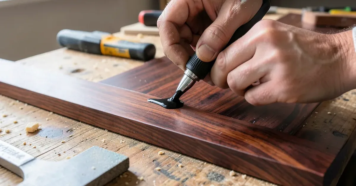 applying two-part epoxy adhesive to an exotic hardwood board edge