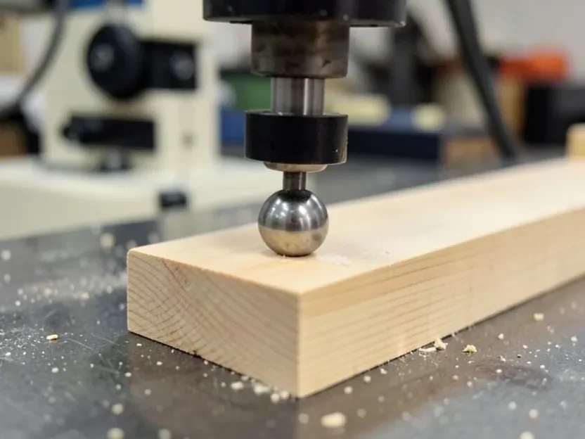 Steel ball being pressed into a maple sample during a Janka hardness test
