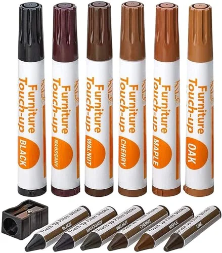 Katzco 13-piece wood touch-up marker and wax stick kit with oak and walnut shades
