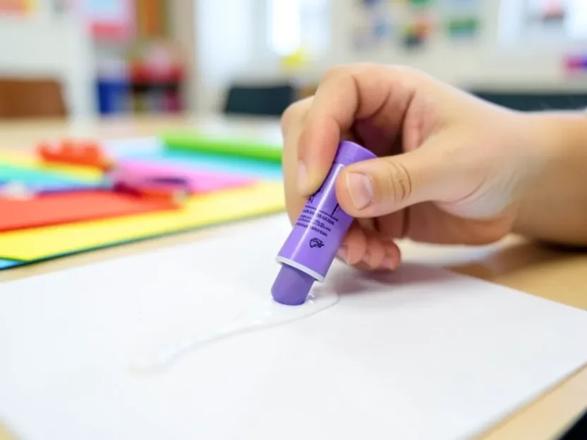 Child using a purple washable glue stick on paper