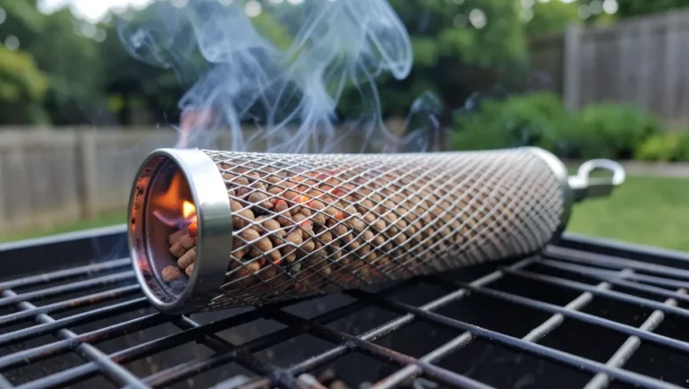 A pellet smoker tube lit and starting to smolder on a grill grate