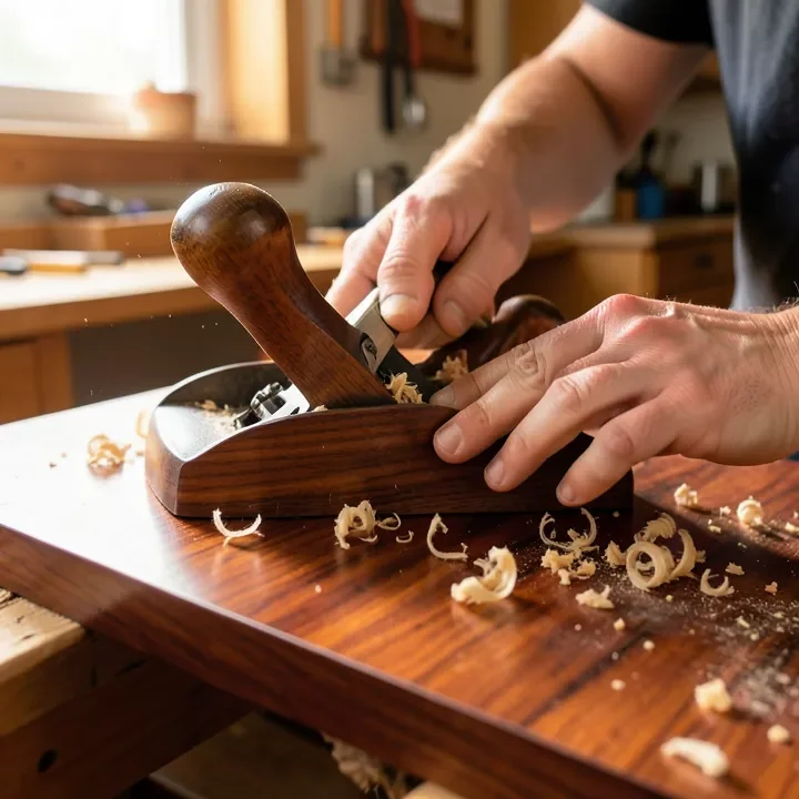 Woodworker hand-planing a reddish-brown mahogany board with curled wood shavings