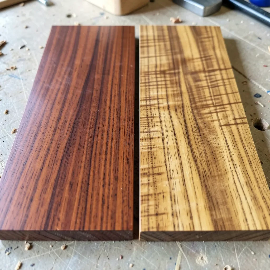 Mahogany and sapele wood boards side by side showing grain and color differences