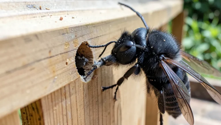 A carpenter bee drilling a round entrance hole into unpainted wood