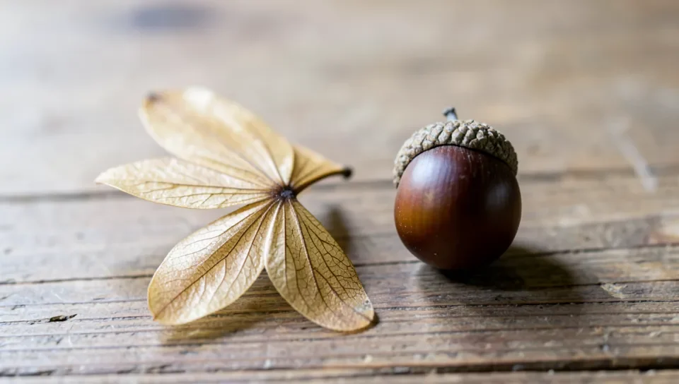 A maple samara winged seed next to an acorn