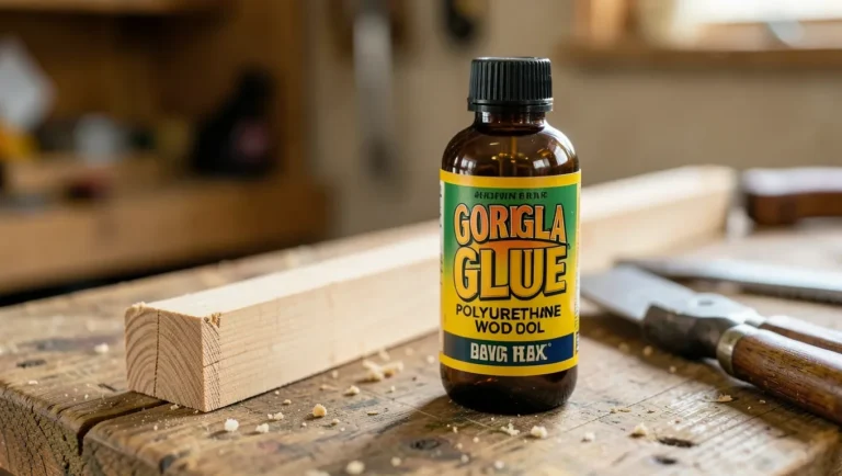 Bottle of Gorilla Glue polyurethane wood glue on a workshop bench