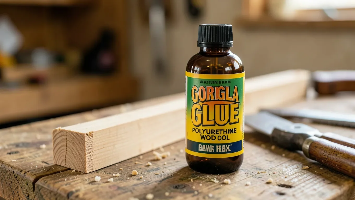 Bottle of Gorilla Glue polyurethane wood glue on a workshop bench