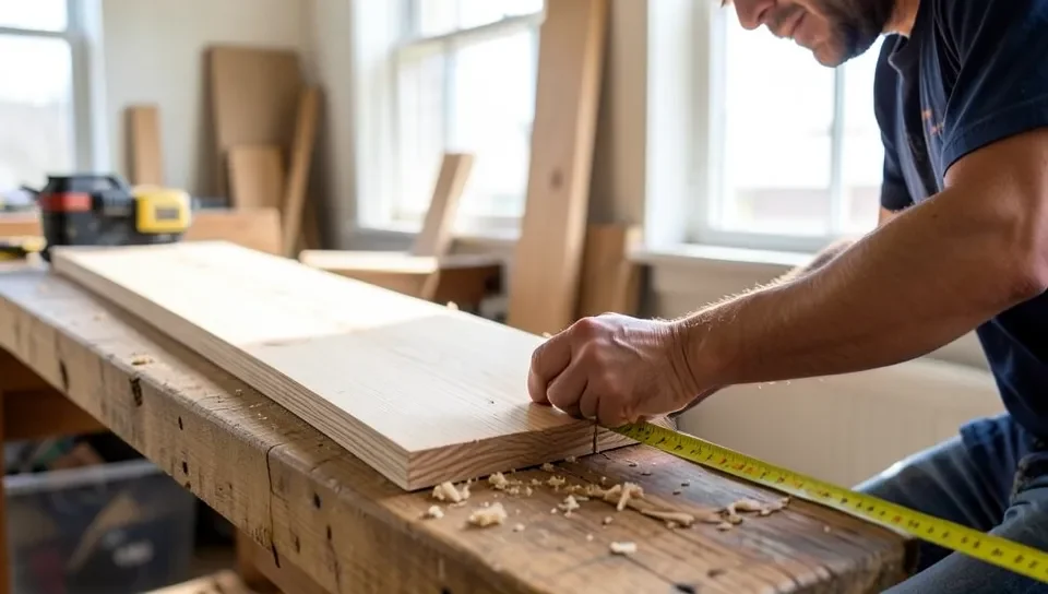 Measuring a cedar board for a woodworking project