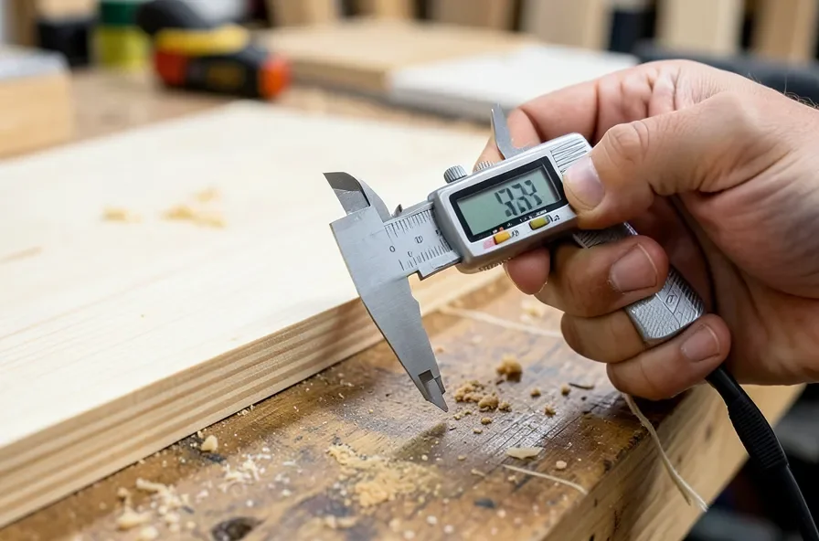 Woodworker using a digital caliper to measure the actual edge thickness of a wood panel