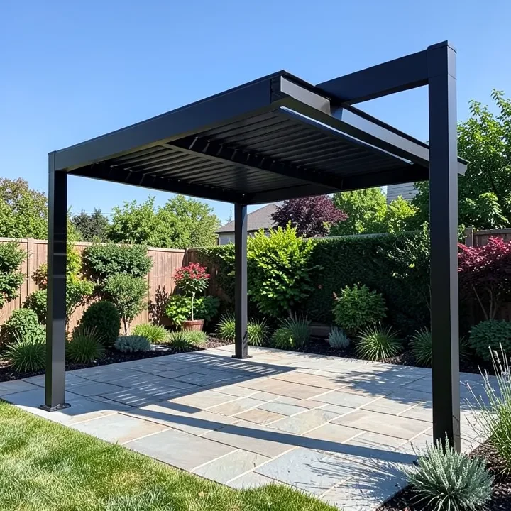 modern aluminum pergola over a stone patio