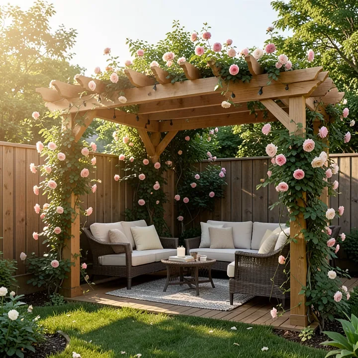 cedar wood pergola with climbing roses over a patio seating area