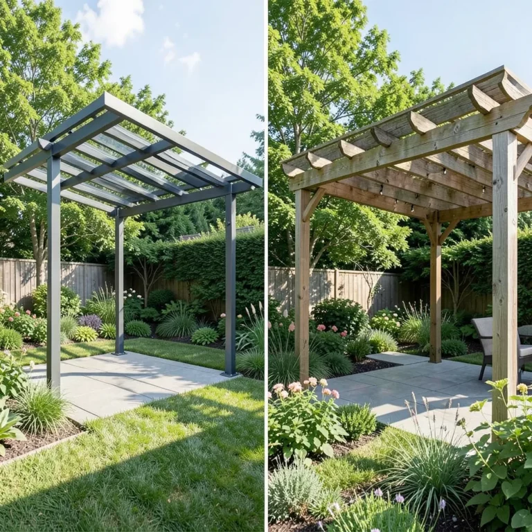 aluminum pergola beside a wood pergola in a backyard