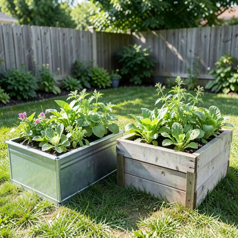 A galvanized metal raised bed next to a wooden raised bed, both planted with vegetables
