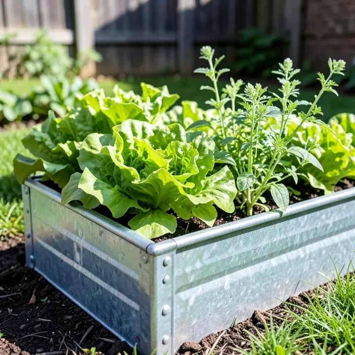 A galvanized steel raised garden bed planted with lettuce and herbs