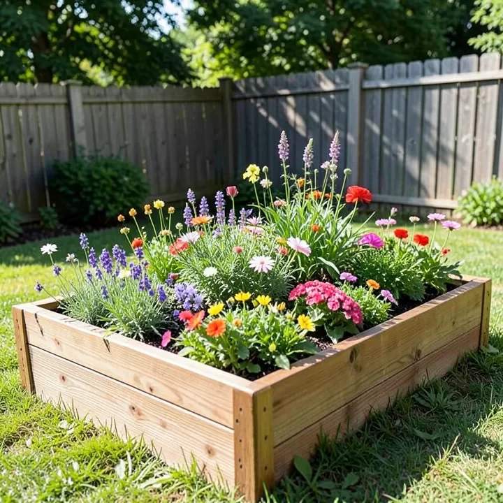 A wooden cedar raised garden bed with flowers blooming