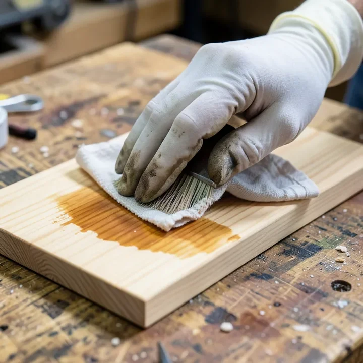 Applying wood stain to a pine board with a rag, following the wood grain Applying wood stain to a pine board with a rag, following the wood grain