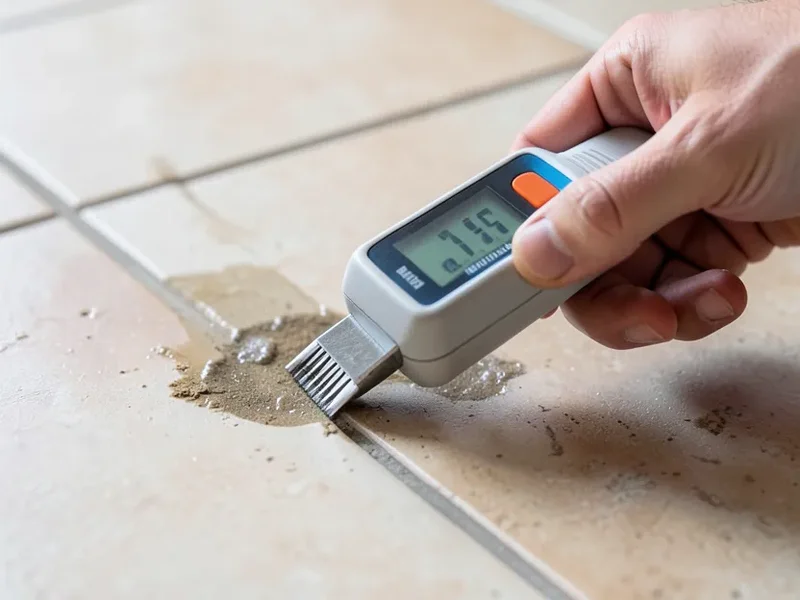 A moisture meter being held against a ceramic tile floor to test for dampness before installation
