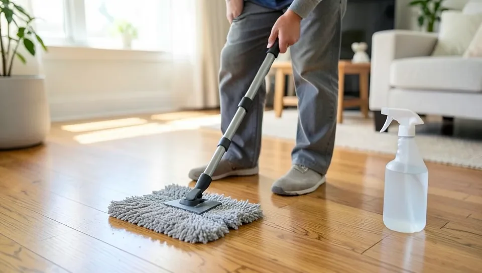 Mopping a hardwood floor with a microfiber flat mop