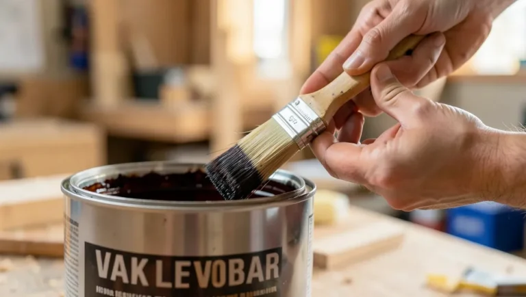 Hand dipping a natural bristle brush into a can of oil-based wood stain