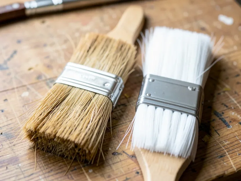 Natural bristle brush next to a synthetic bristle brush on a workbench