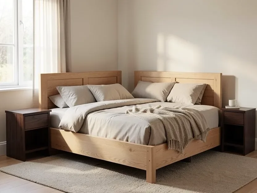 Bedroom with a light oak bed frame and dark walnut nightstands on either side