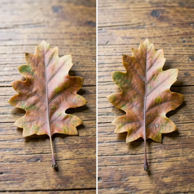 Two oak leaves on a wooden table