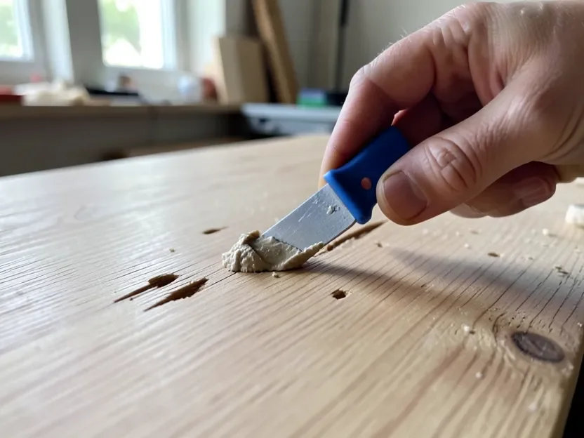 Applying wood grain filler with a putty knife into open oak grain before priming