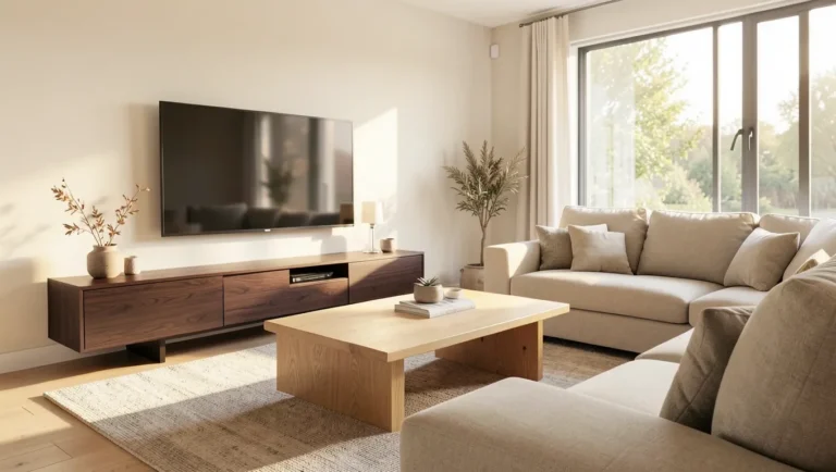 Living room with light oak coffee table and dark walnut media console mixed together