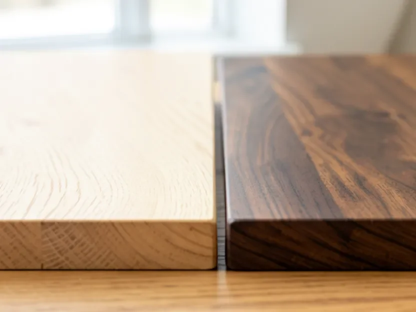 Close-up comparison of light oak wood grain next to dark walnut wood grain showing the undertone difference