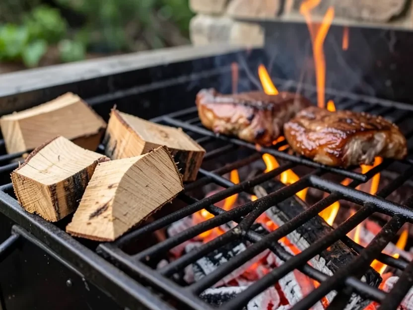 Oak wood chunks on grill grates next to grilled meat over glowing coals
