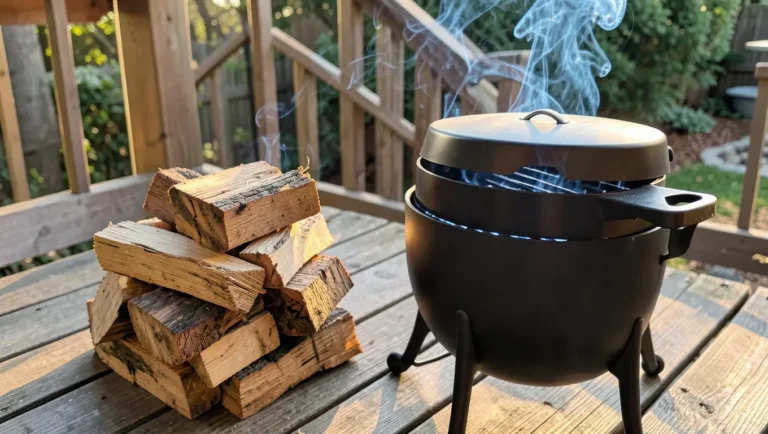 Seasoned oak wood chunks beside a backyard smoker with thin blue smoke rising