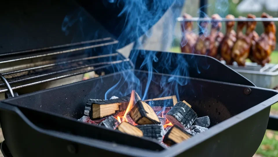 Thin blue smoke rising from oak wood chunks on hot coals in a smoker with meat in the background