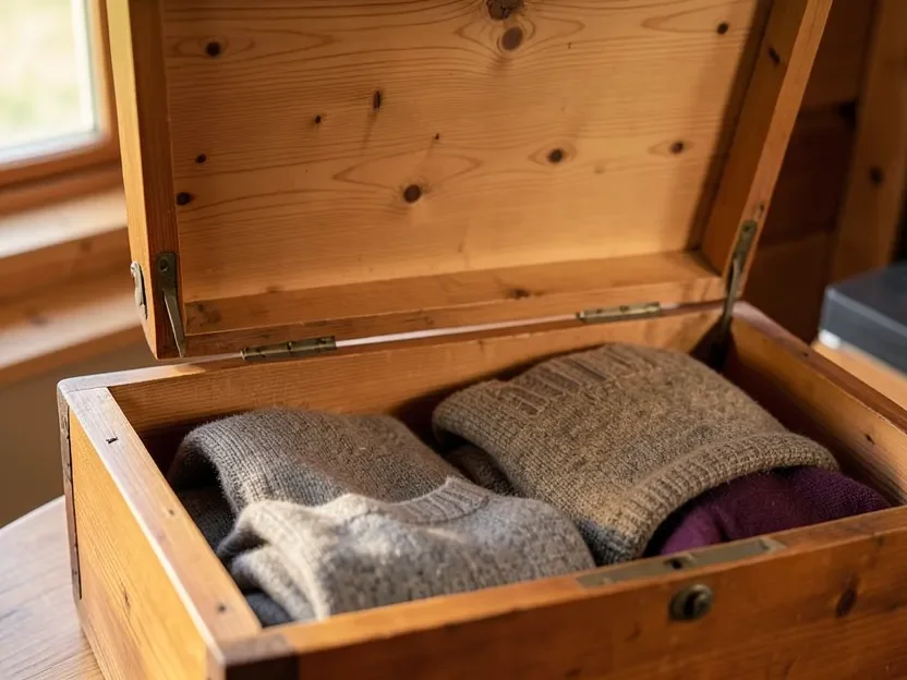 Open cedar chest showing its unpainted aromatic cedar interior lining with folded sweaters