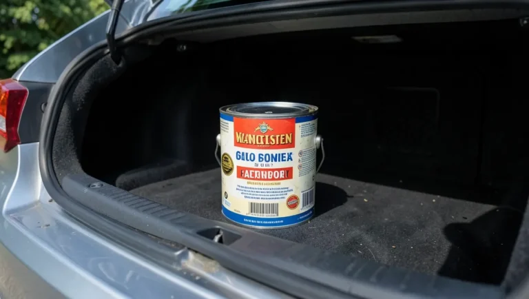 A can of paint sitting in a car trunk