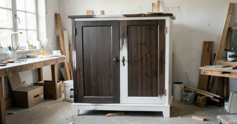 A cabinet door half painted white over dark wood stain