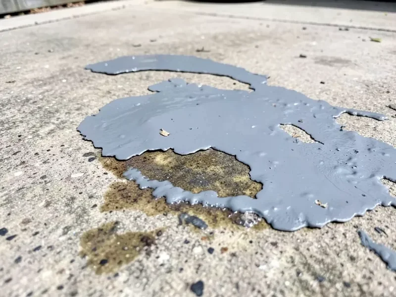 Gray paint peeling and lifting off a concrete surface due to trapped moisture