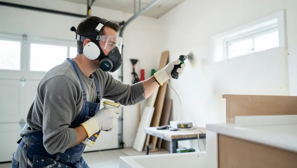 A person wearing full safety gear while spray painting furniture