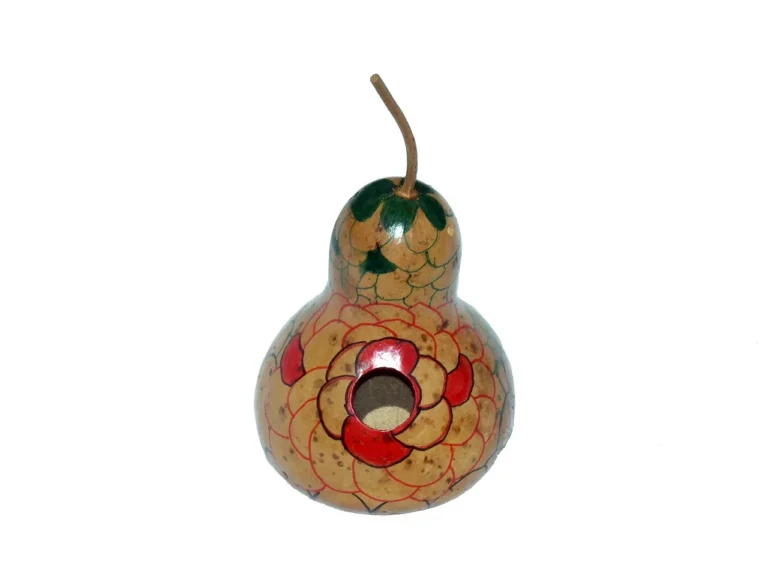 Hand-painted gourd birdhouse with floral design and entrance hole