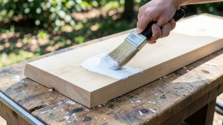 Applying white exterior primer to a raw pine board before painting for outdoor use