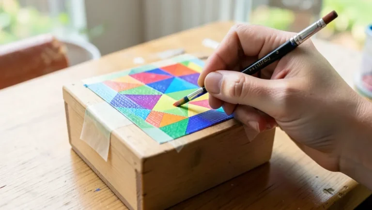 Painting a geometric pattern on a wood box with painters tape