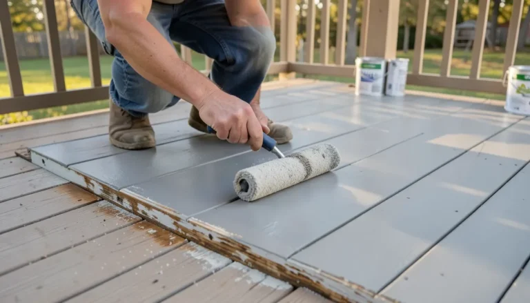 Rolling paint over an old stained deck surface