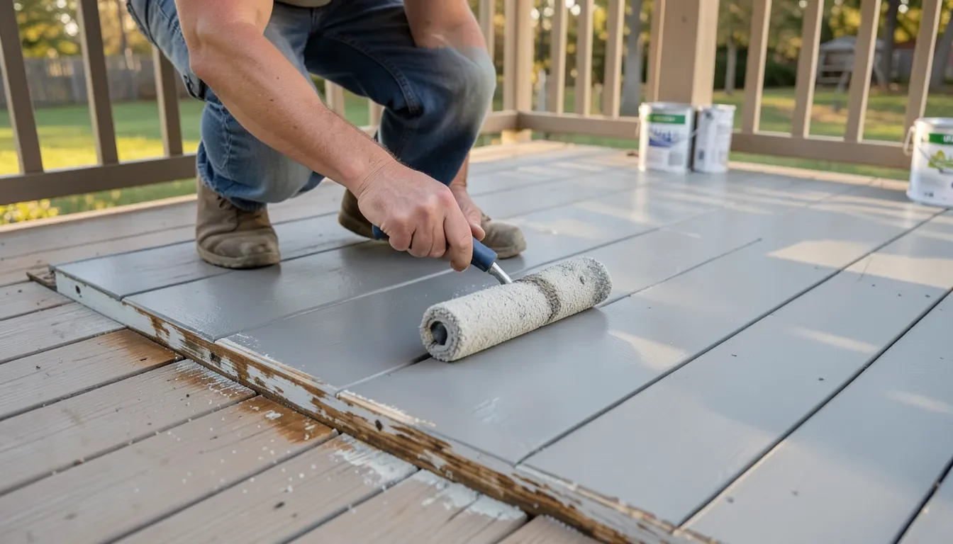 Rolling paint over an old stained deck surface