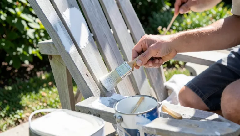 Hands applying white exterior enamel paint to a wooden outdoor chair with a brush