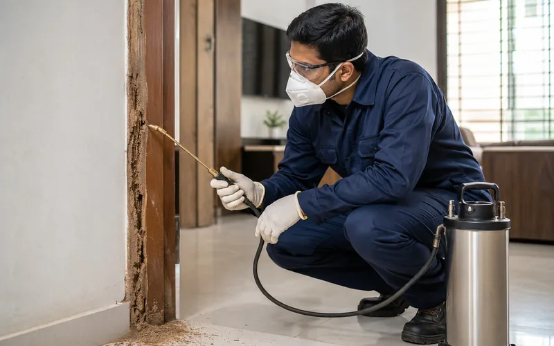 pest control technician applying termite treatment to damaged door frame