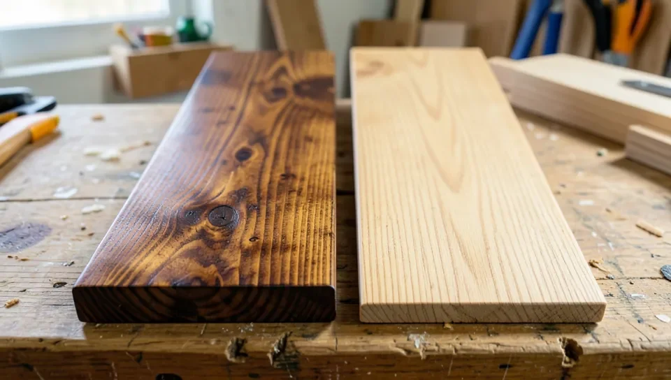 Pine board stained darker than an oak board due to faster absorption