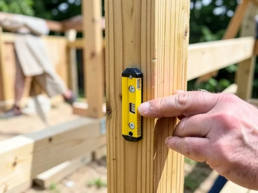 Using a magnetic post level to plumb a wood deck guardrail post during construction
