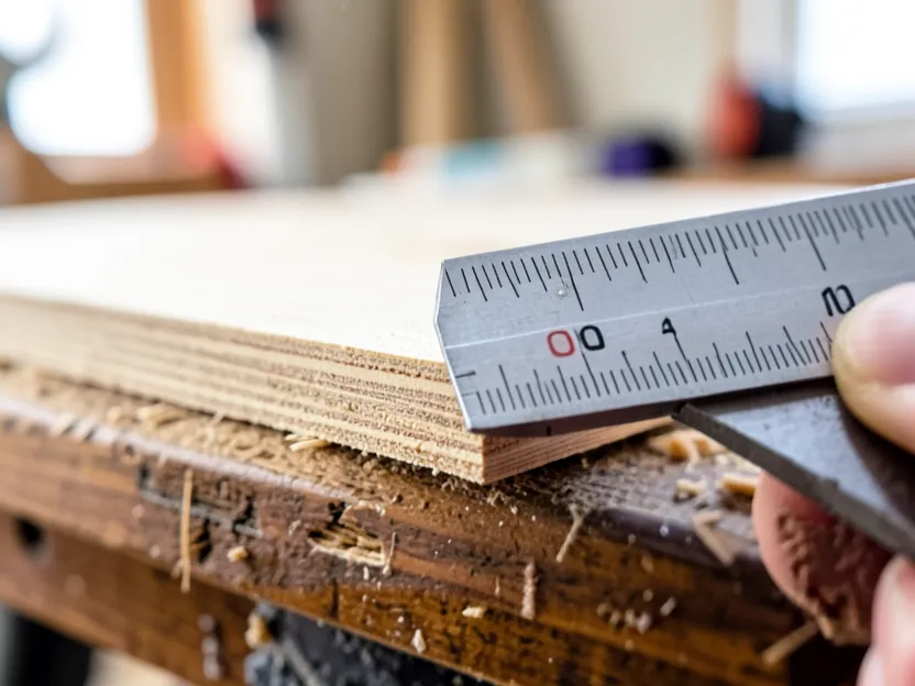 Caliper measuring the actual thickness of a plywood sheet edge, showing the ply layers