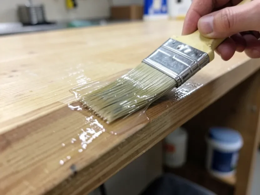 Brushing polyurethane film finish onto the edge of a wood countertop