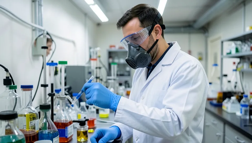 Person wearing safety goggles, respirator, and nitrile gloves for chemical paint removal