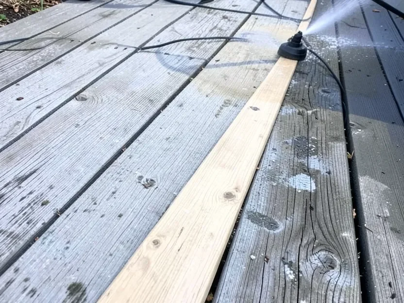 Weathered gray deck boards being cleaned with a pressure washer, showing the difference between cleaned and dirty wood